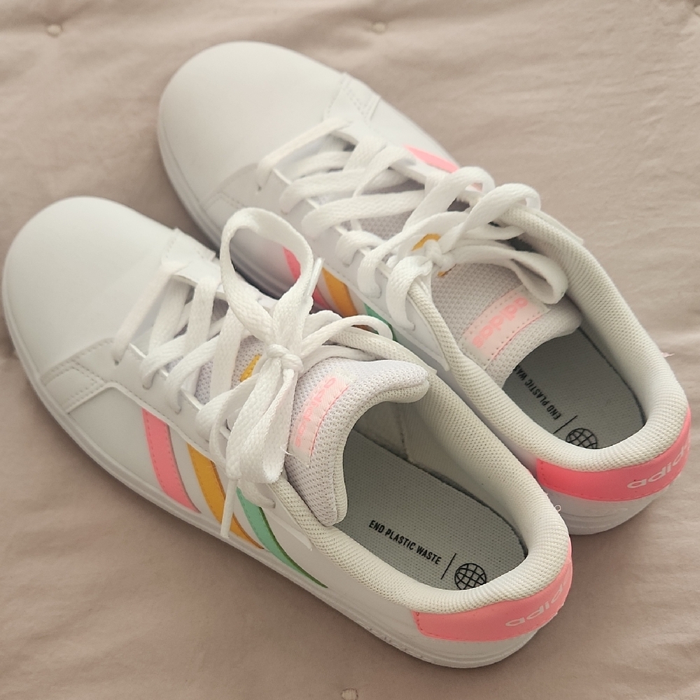 Adidas White Sneakers with Pink, Yellow, and Green Accents